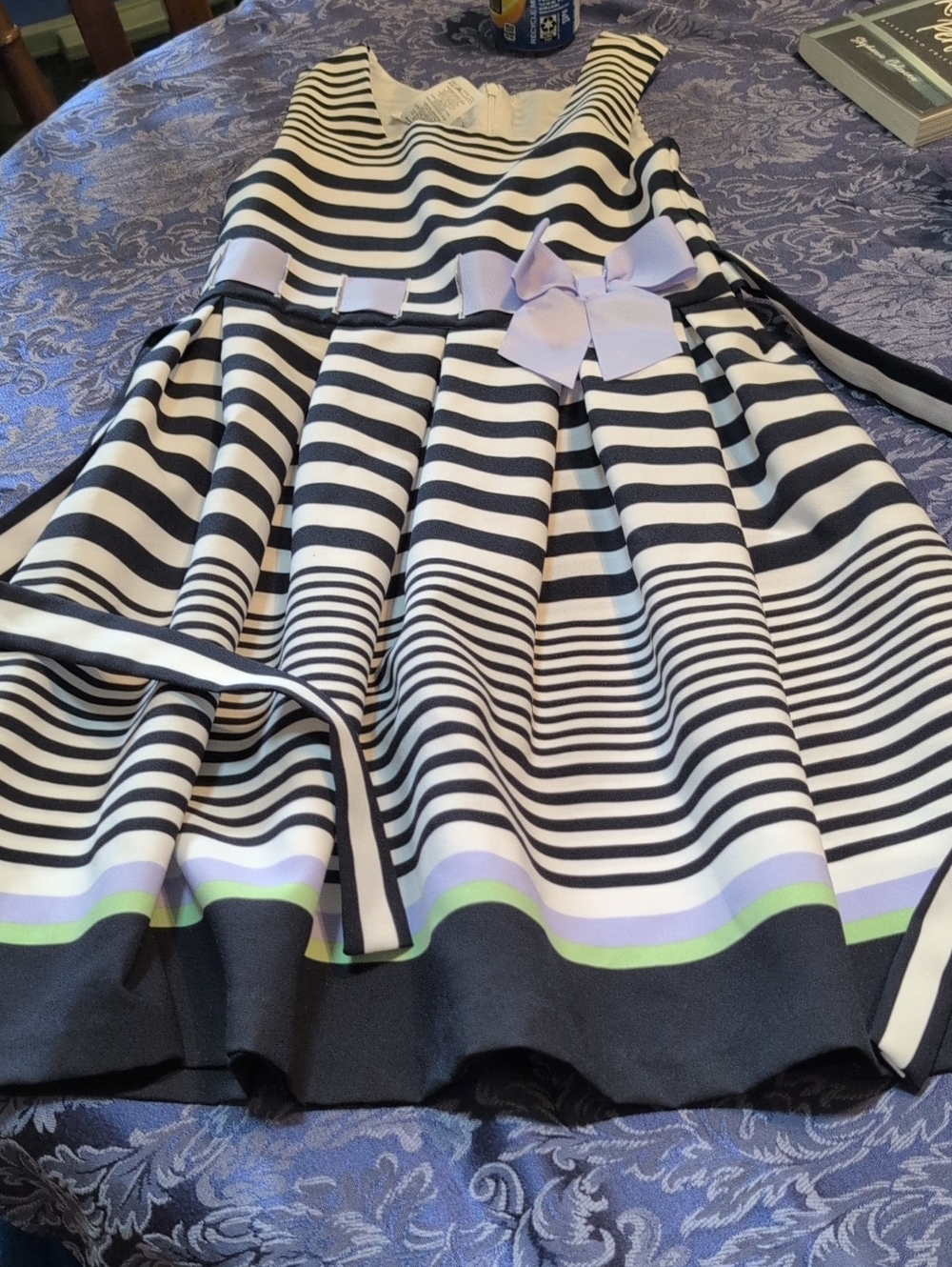 Girls Black & White Striped Fit-and-Flare Dress with Pastel Trim